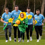 Irish Rugby Internationals and Leinster Rugby players Garry Ringrose, James Ryan, Hugo Keenan and Andrew Porter with the UCD RFC Daffodil Day mascot